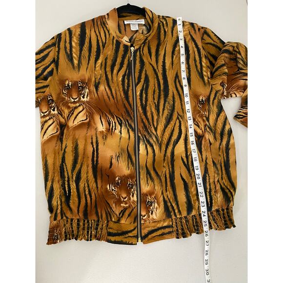 Vintage Women's Orange Satin Striped Tiger Print Elastic Waist Zip-up Jacket 12 - Picture 6 of 6